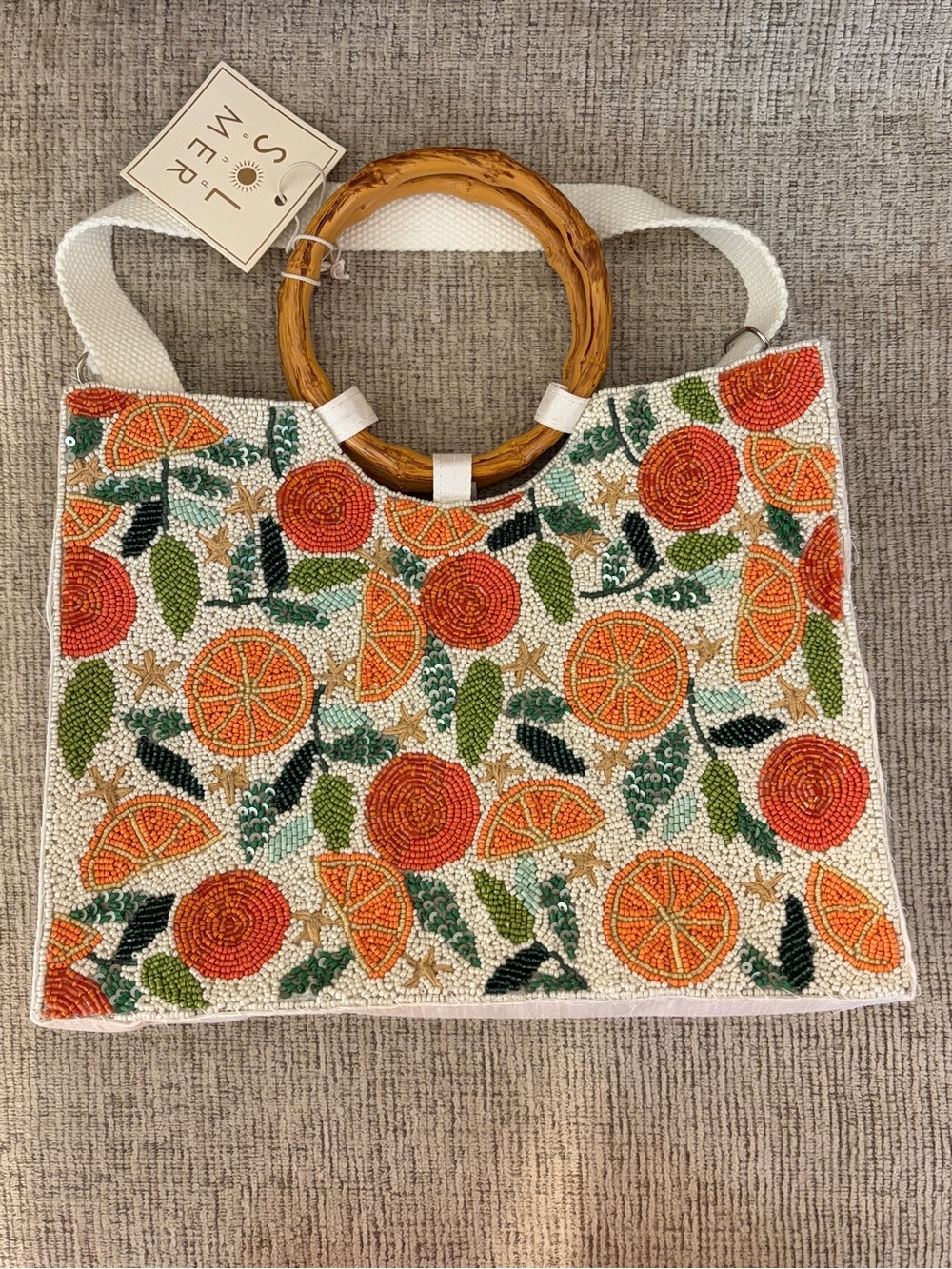 Orange Beaded Bamboo-Handle Tote Bag Purse